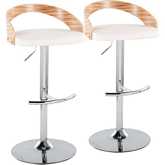 Grotto Adjustable Swivel Bar Stool in Chrome, Zebra Wood & White Leatherette (Set of 2)